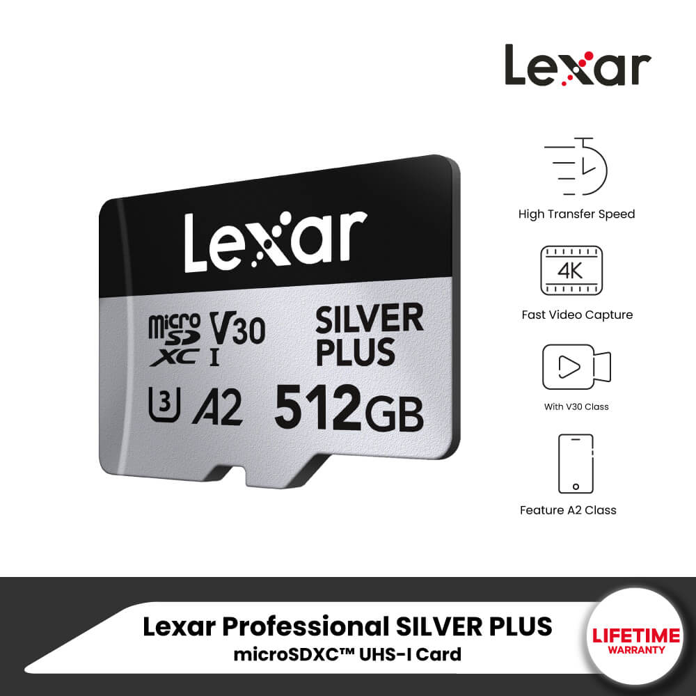 การ์ดหน่วยความจำ ไมโครเอสดีการ์ด LEXAR PROFESSIONAL SILVER PLUS MICROSD CARD 512GB READ 205MB/S WRITE150MB/S (LMSSIPL064G-BNANG)