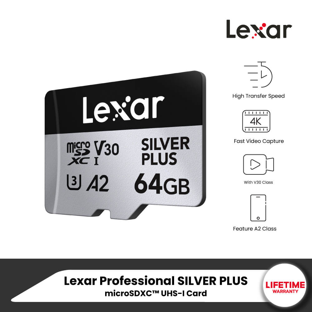 การ์ดหน่วยความจำ ไมโครเอสดีการ์ด LEXAR PROFESSIONAL SILVER PLUS MICROSD CARD 64GB READ 205MB/S WRITE150MB/S (LMSSIPL064G-BNANG)