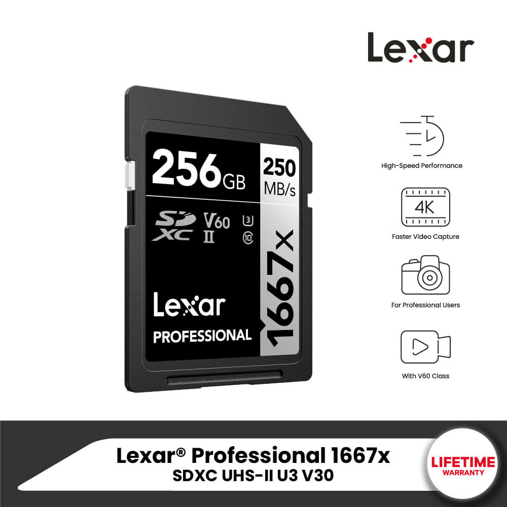 การ์ดหน่วยความจำ เอสดีการ์ด LEXAR SD1667X 256GB UHS-II U3 V60 SD CARD FULL-HD 3D 4K RW250/120MB/S (LSD256CB1667)