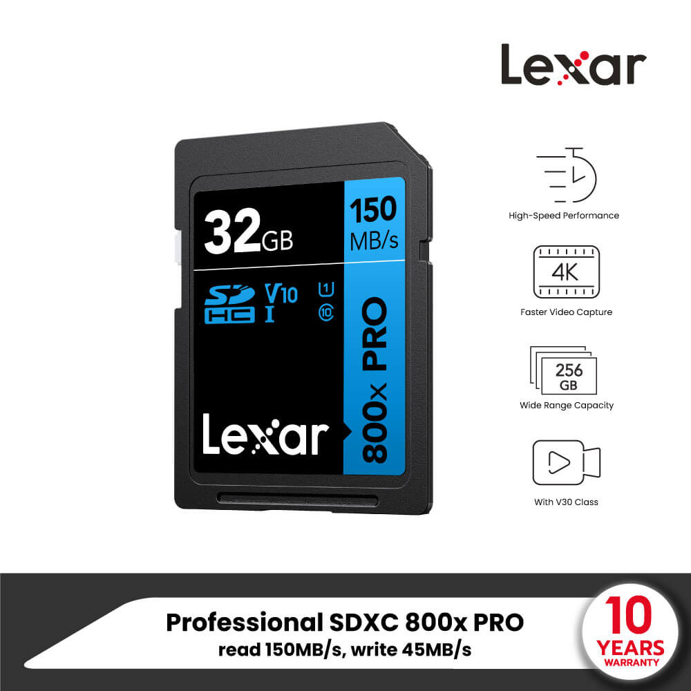 การ์ดหน่วยความจำ เอสดีการ์ด LEXAR 800XPRO 32GB SD CARD BLUE SERIES FULL-HD 4K RW150/45MB/S (LSD0800P032G-BNNNG)