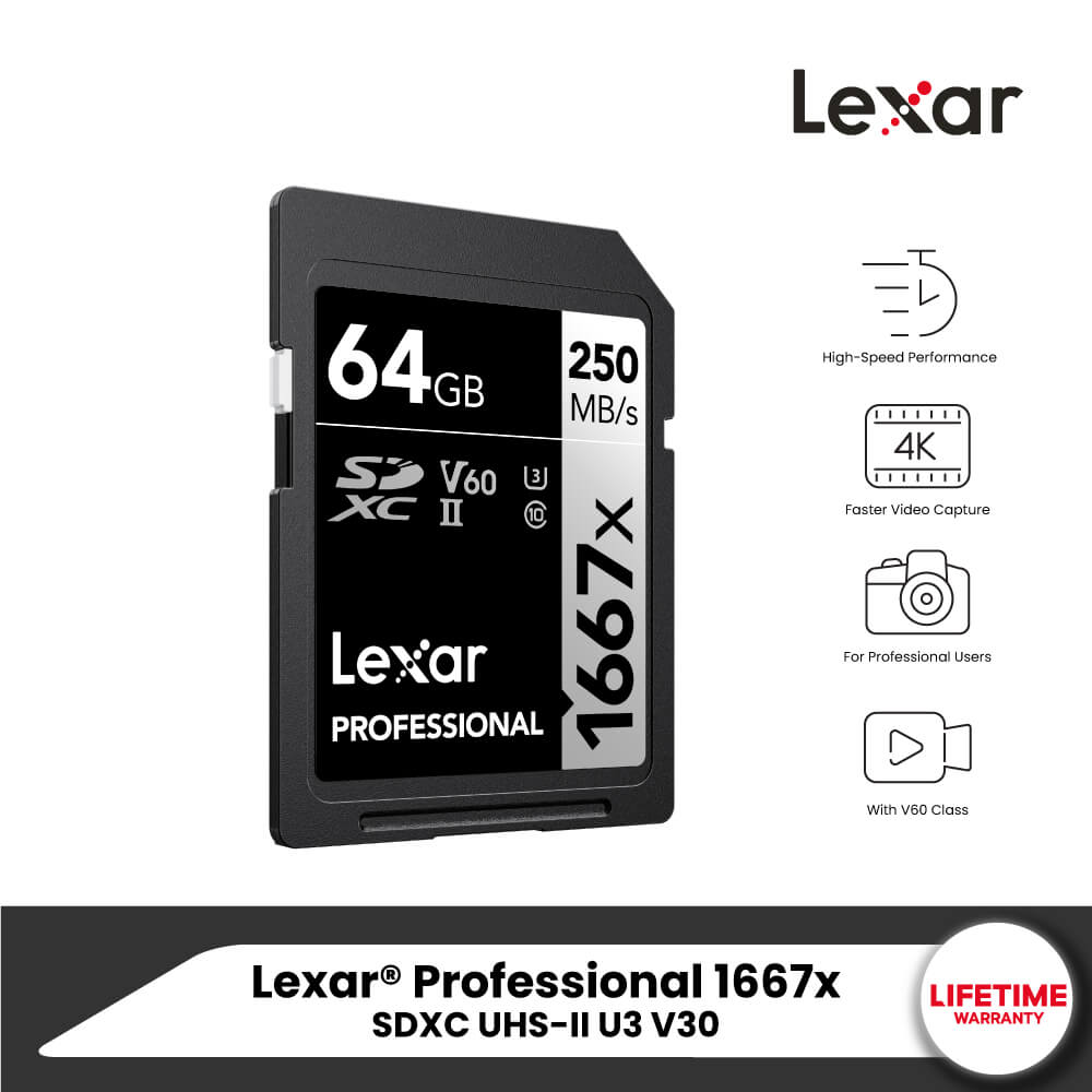 การ์ดหน่วยความจำ เอสดีการ์ด LEXAR SD1667X 64GB UHS-II U3 V60 SD CARD FULL-HD 3D 4K RW250/120MB/S (LSD64GCB1667)