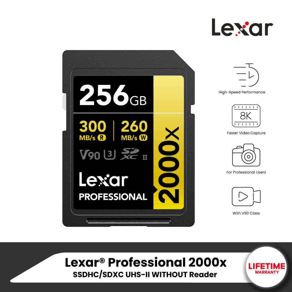 การ์ดหน่วยความจำ เอสดีการ์ด LEXAR SD2000X 256GB UHS-II U3 V90 SD CARD (เอสดีการ์ด) FULL-HD 3D 4K 8K RW300/260MB/S (LSD2000256G)