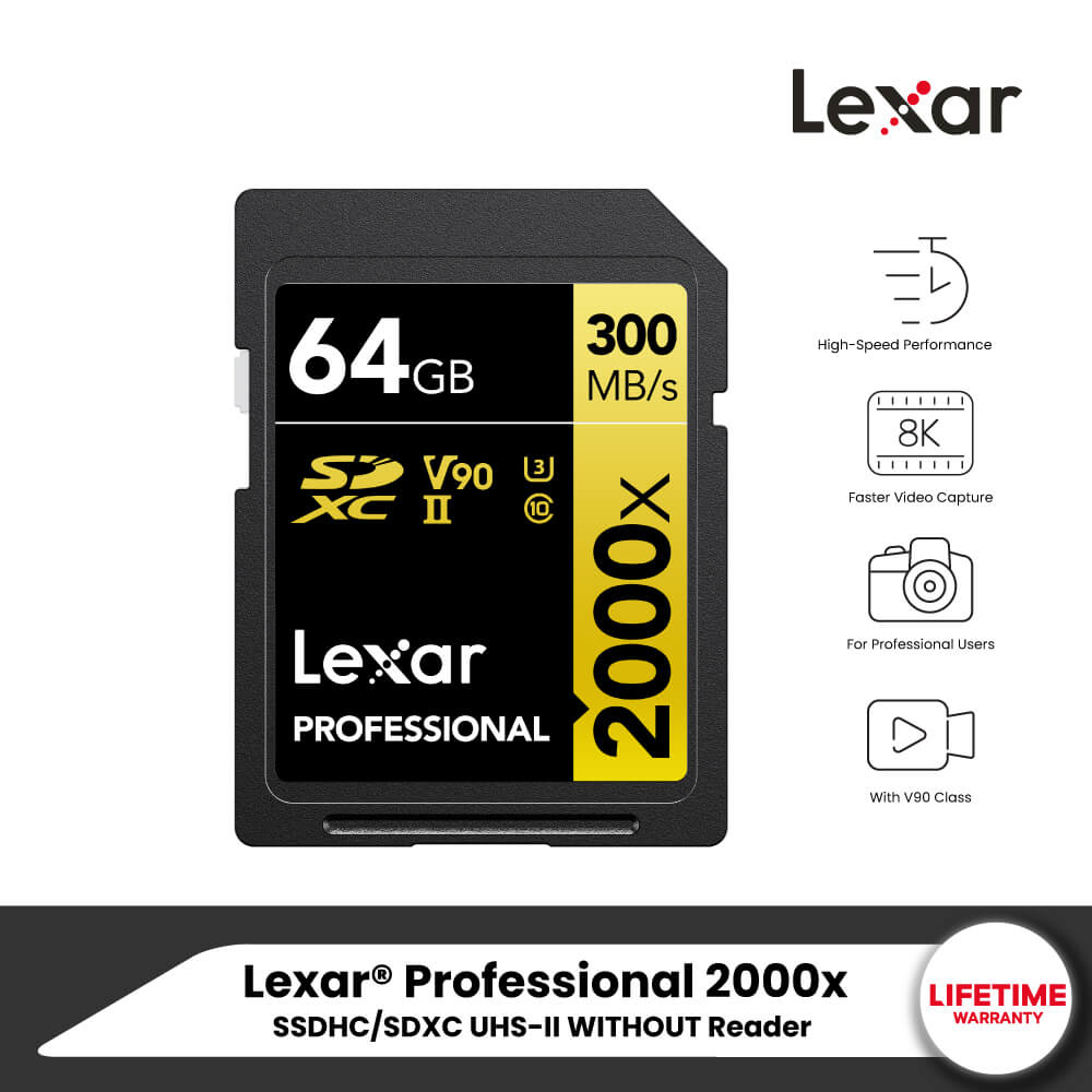 การ์ดหน่วยความจำ เอสดีการ์ด LEXAR SD2000X 64GB UHS-II U3 V90 SD CARD FULL-HD 3D 4K 8K RW300/260MB/S (LSD2000064G)