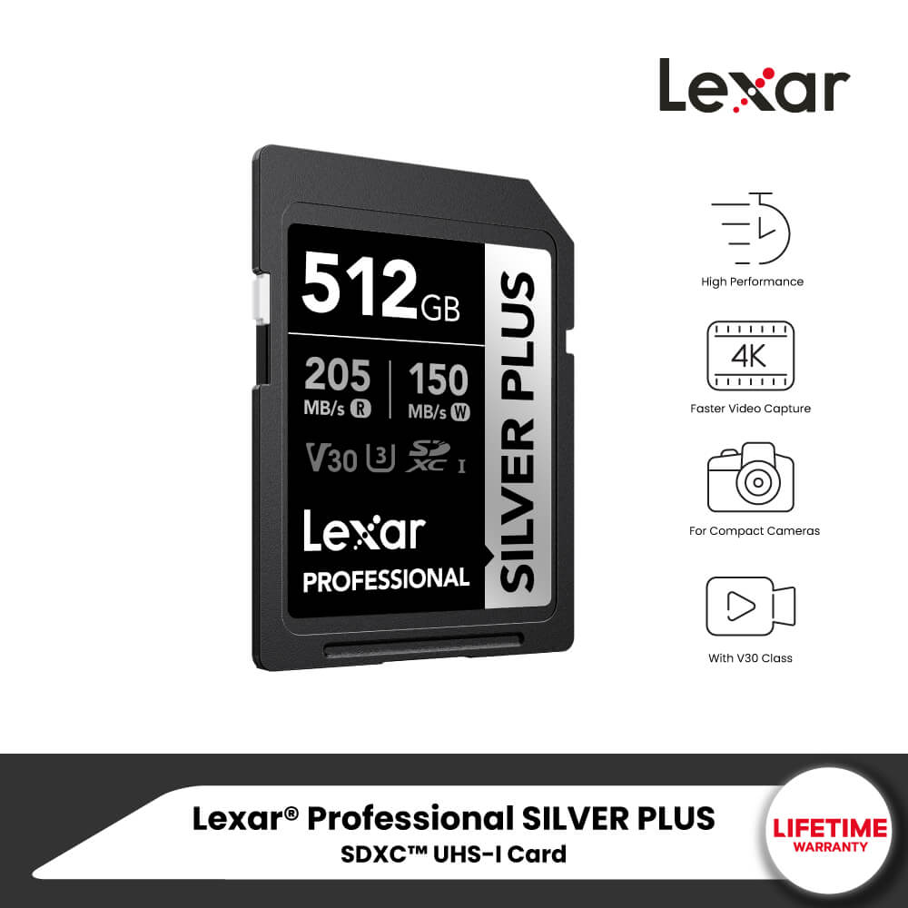 การ์ดหน่วยความจำ เอสดีการ์ด LEXAR SILVER PLUS 512GB UHS-I U3 V30 SD CARD FULL-HD 3D 4K RW205/150MB/S (LSDSIPL512G-BNNNG)