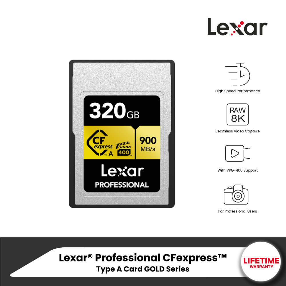 การ์ดหน่วยความจำ ซีเอฟเอ็กเพรสการ์ด LEXAR CFEXPRESS TYPE A 320GB VPG400 RAW 8K RW900/800MB/S (LCAGOLD320G)