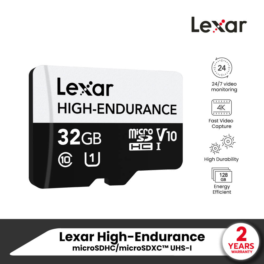 การ์ดหน่วยความจำ ไมโครเอสดีการ์ด LEXAR HIGH-ENDURANCE 32GB MICROSD CARD SPEED 100MB/S (LMSHGED032G) SUPPORTS 1080P FULL-HD AND 4K VIDEO
