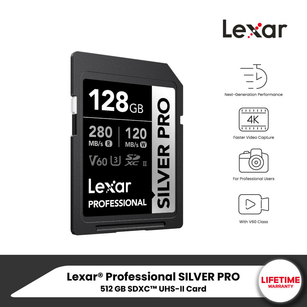 การ์ดหน่วยความจำ เอสดีการ์ด LEXAR SILVER PRO 128GB UHS-II U3 V60 SD CARD FULL-HD 3D 4K RW280/120MB/S (LSDSIPR128G)