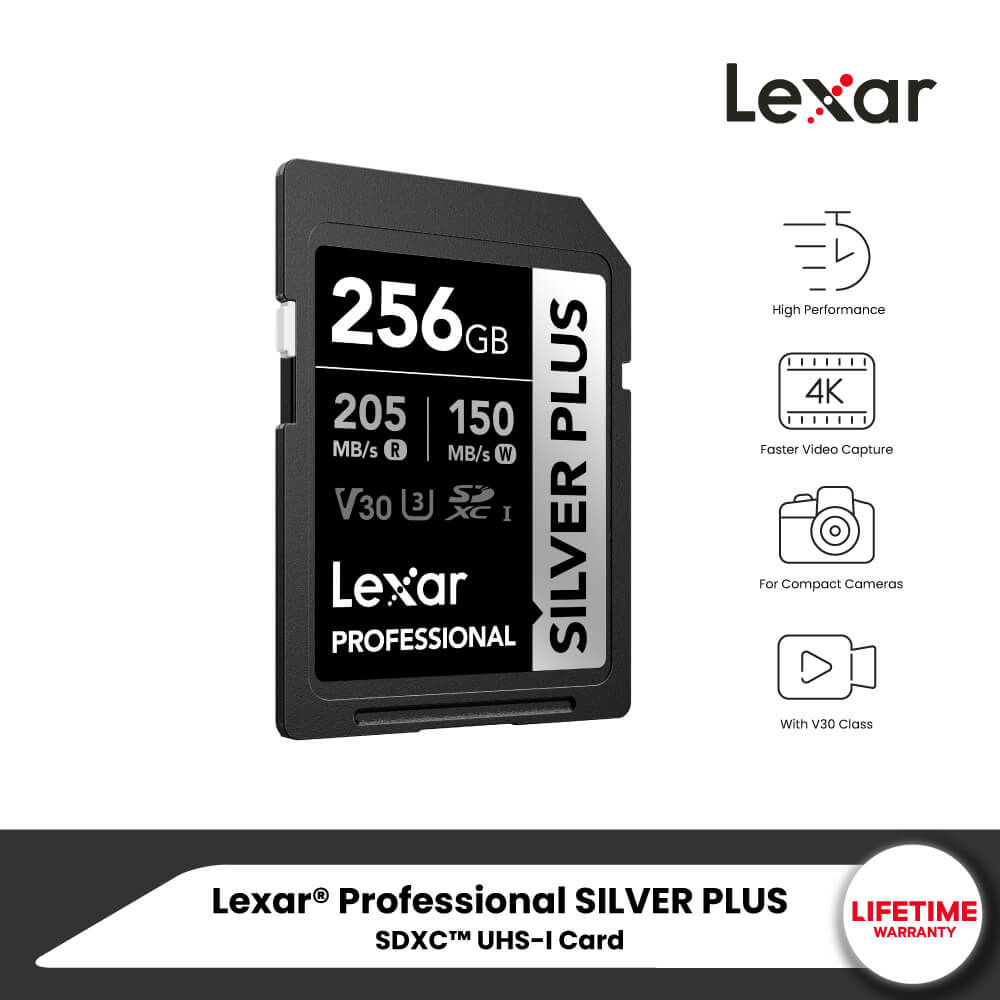 การ์ดหน่วยความจำ เอสดีการ์ด LEXAR SILVER PLUS 256GB UHS-I U3 V30 SD CARD FULL-HD 3D 4K RW205/150MB/S (LSDSIPL256G)