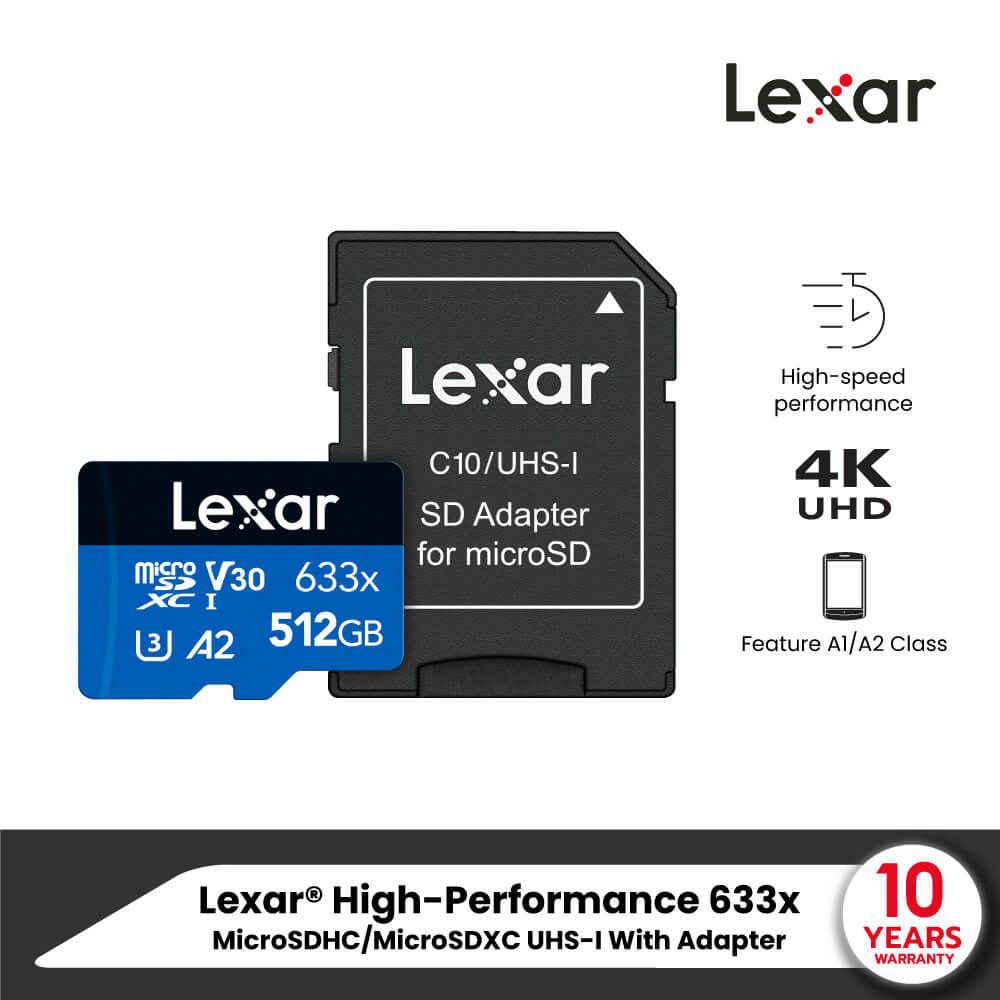 การ์ดหน่วยความจำ ไมโครเอสดีการ์ด LEXAR 633X MICROSD CARD 512GB WADAPTER RW100/70MB/S (LSDMI512BB633A)