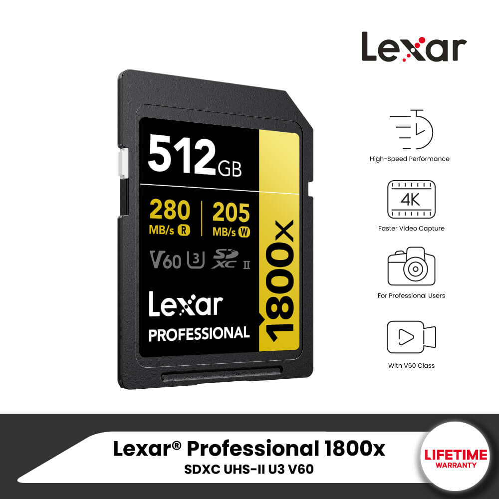 การ์ดหน่วยความจำ เอสดีการ์ด LEXAR SD1800X 512GB UHS-II U3 V60 SD CARD FULL-HD 3D 4K RW280/210MB/S (LSD1800512G) GOLD SERIES