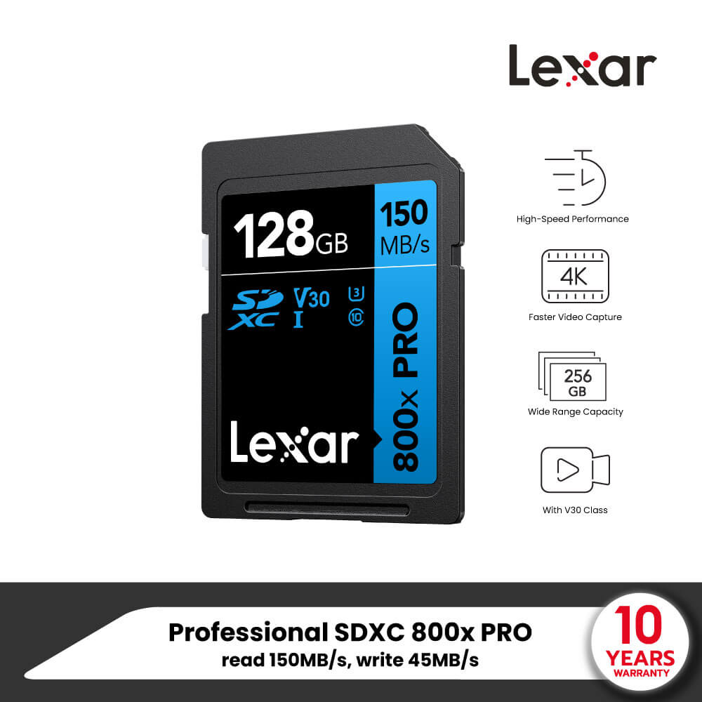 การ์ดหน่วยความจำ เอสดีการ์ด LEXAR 800XPRO 128GB SD CARD BLUE SERIES FULL-HD 4K RW150/45MB/S (LSD0800P128G-BNNNG)