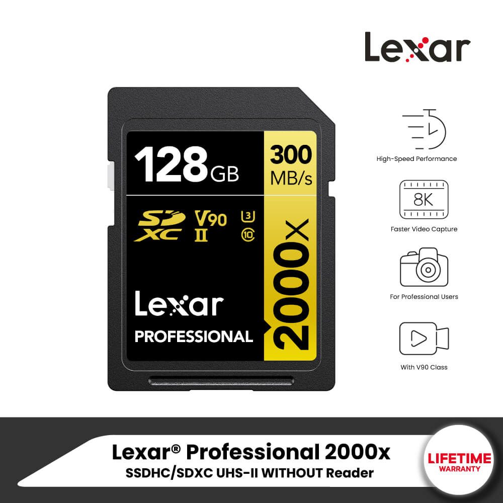 การ์ดหน่วยความจำ เอสดีการ์ด LEXAR SD2000X 128GB UHS-II U3 V90 SD CARD FULL-HD 3D 4K 8K RW300/260MB/S (LSD2000128G)