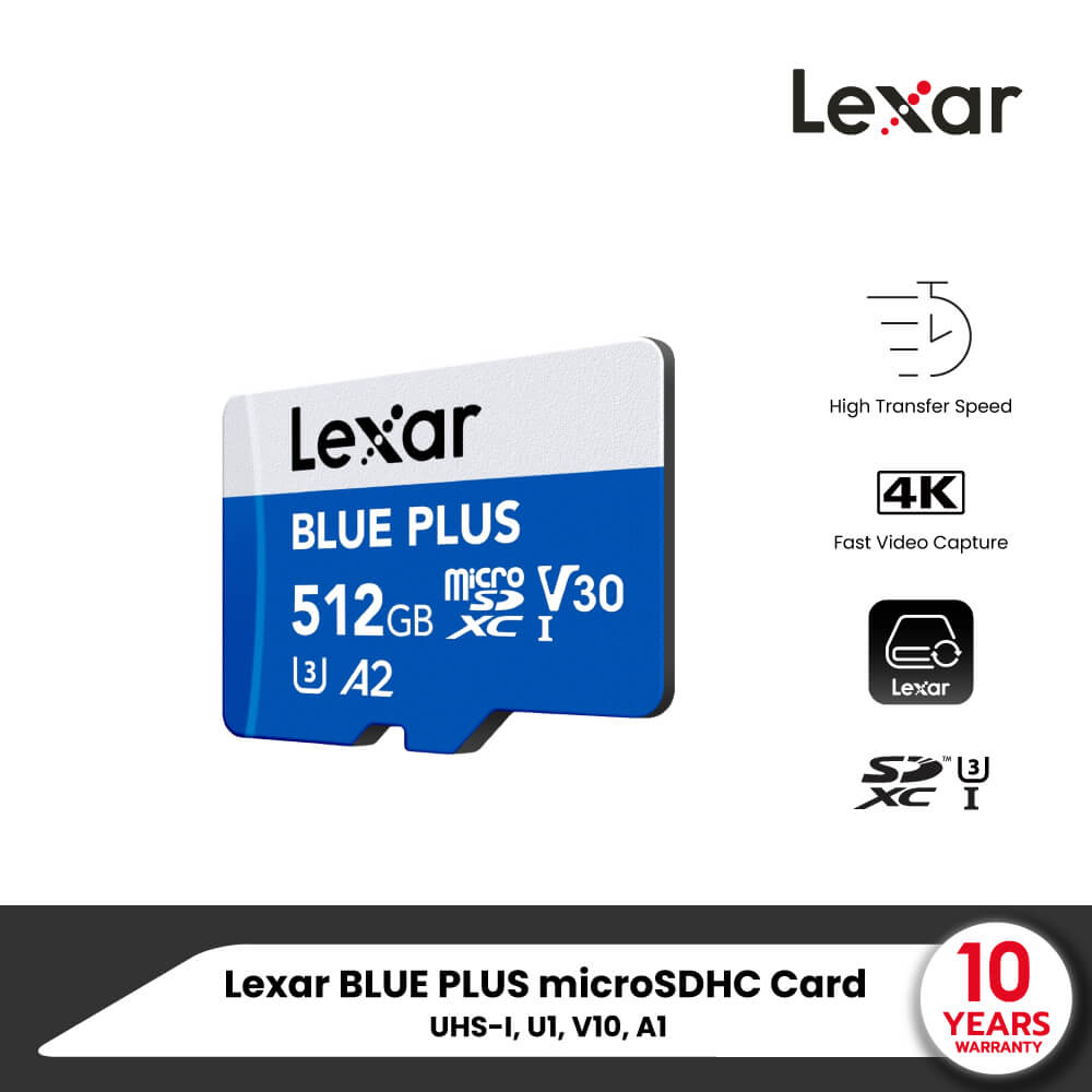 การ์ดหน่วยความจำ ไมโครเอสดีการ์ด LEXAR MICROSD CARD BLUE PLUS 512GB R170MB/S1 (LMSBLPL512G-BNANG) FOR SMARTPHONES TABLETS ACTION CAMERA
