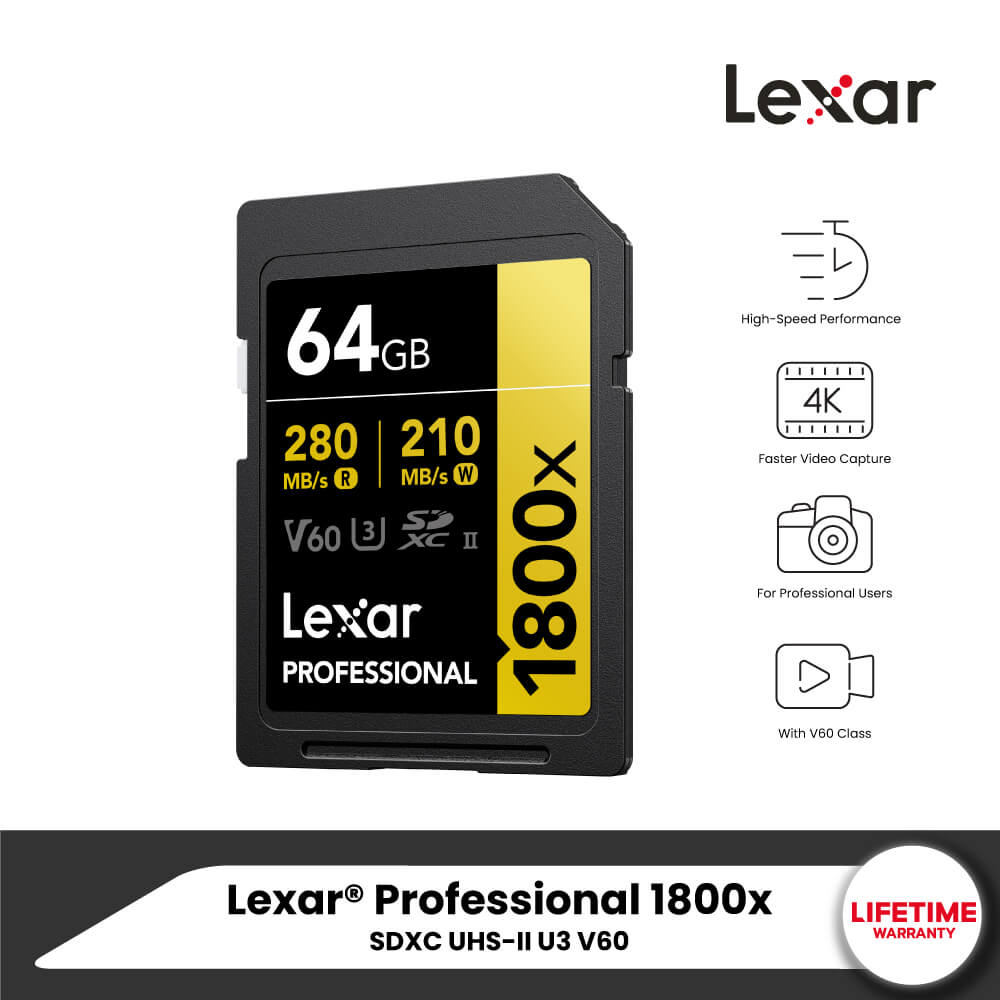 การ์ดหน่วยความจำ เอสดีการ์ด LEXAR SD1800X 64GB UHS-II U3 V60 SD CARD FULL-HD 3D 4K RW280/210MB/S (LSD1800064G) GOLD SERIES