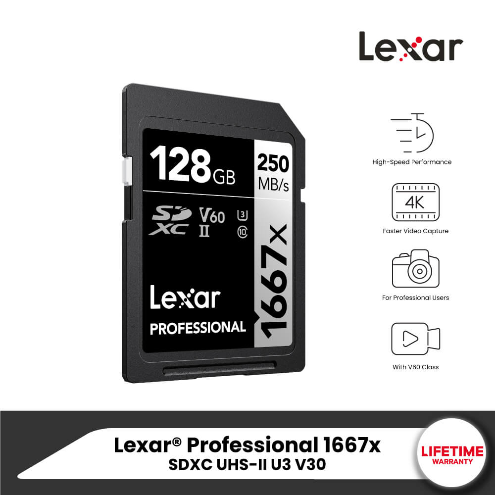 การ์ดหน่วยความจำ เอสดีการ์ด LEXAR SD1667X 128GB UHS-II U3 V60 SD CARD FULL-HD 3D 4K RW250/120MB/S (LSD128CB1667)