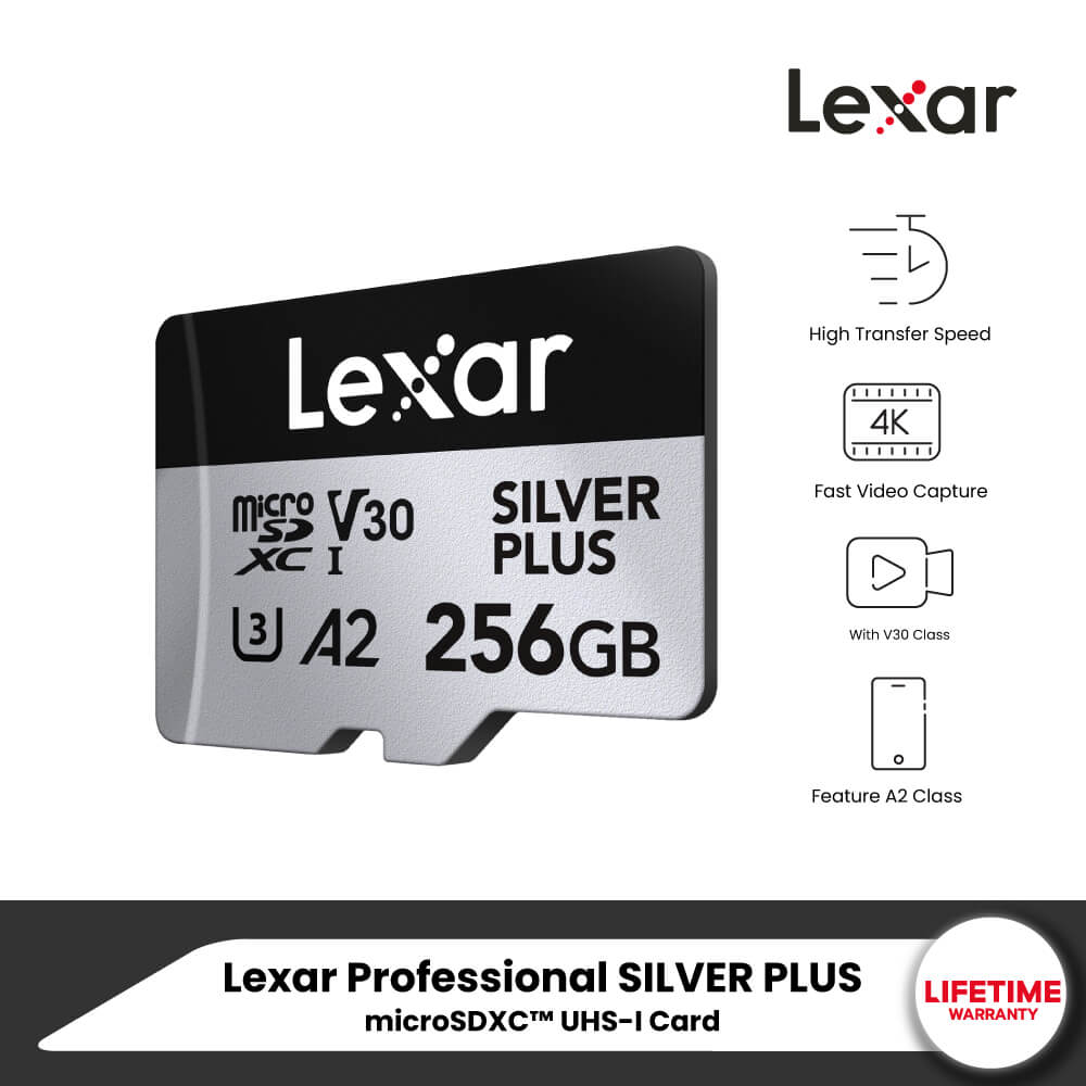 การ์ดหน่วยความจำ เอสดีการ์ด LEXAR PROFESSIONAL SILVER PLUS MICROSD CARD 256GB READ 205MB/S WRITE150MB/S (LMSSIPL256G-BNANG)