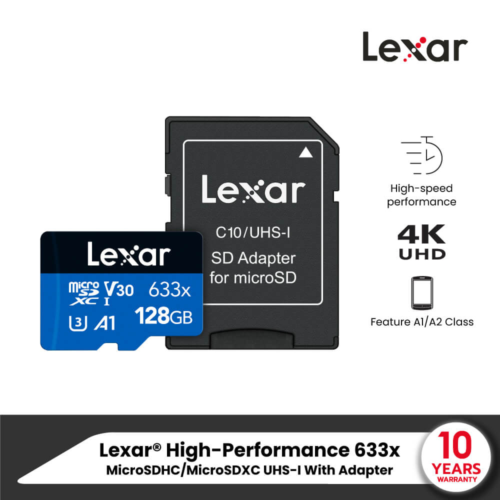 การ์ดหน่วยความจำ ไมโครเอสดีการ์ด LEXAR 633X MICROSD CARD 128GB WADAPTER RW100/45MB/S (LSDMI128BB633A)
