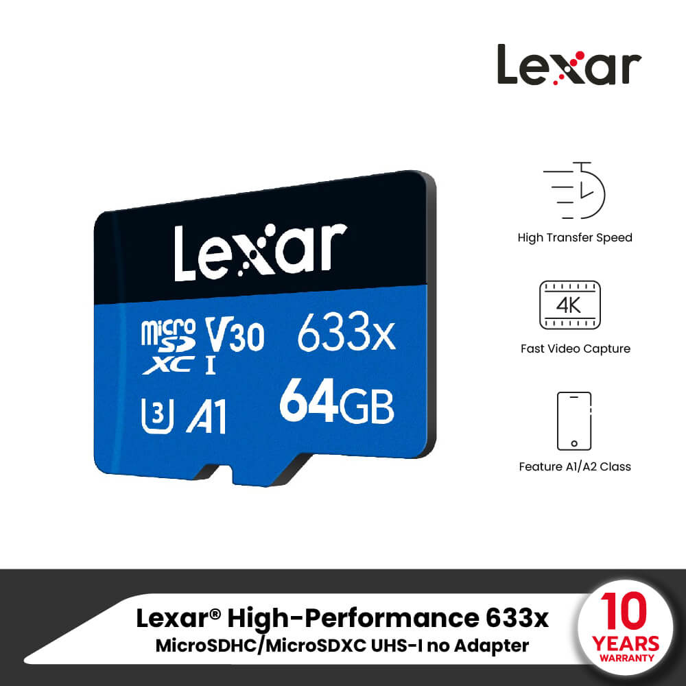การ์ดหน่วยความจำ ไมโครเอสดีการ์ด LEXAR 633X MICROSD CARD 64GB NOADAPTER UPTO 100MB/S READ (LMS0633064G)