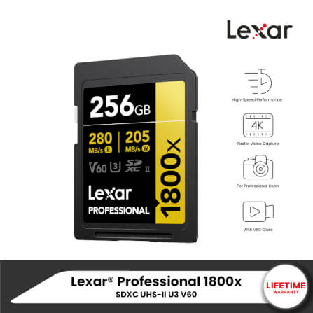 การ์ดหน่วยความจำ เอสดีการ์ด LEXAR SD1800X 256GB UHS-II U3 V60 SD CARD FULL-HD 3D 4K RW280/210MB/S (LSD1800256G) GOLD SERIES_9