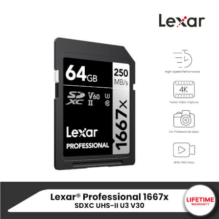 การ์ดหน่วยความจำ เอสดีการ์ด LEXAR SD1667X 64GB UHS-II U3 V60 SD CARD FULL-HD 3D 4K RW250/120MB/S (LSD64GCB1667)_8