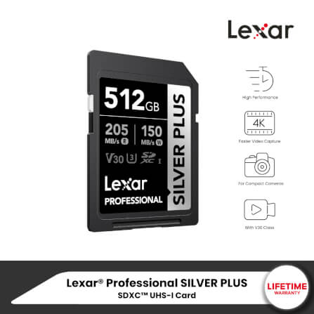 การ์ดหน่วยความจำ เอสดีการ์ด LEXAR SILVER PLUS 512GB UHS-I U3 V30 SD CARD FULL-HD 3D 4K RW205/150MB/S (LSDSIPL512G-BNNNG)_7