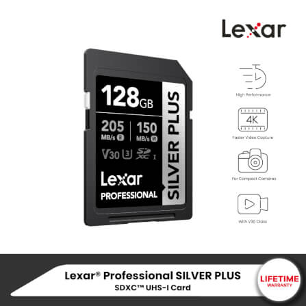 การ์ดหน่วยความจำ เอสดีการ์ด LEXAR SILVER PLUS 128GB UHS-I U3 V30 SD CARD FULL-HD 3D 4K RW205/150MB/S (LSDSIPL128G) เมมโมรี่การ์ด_6