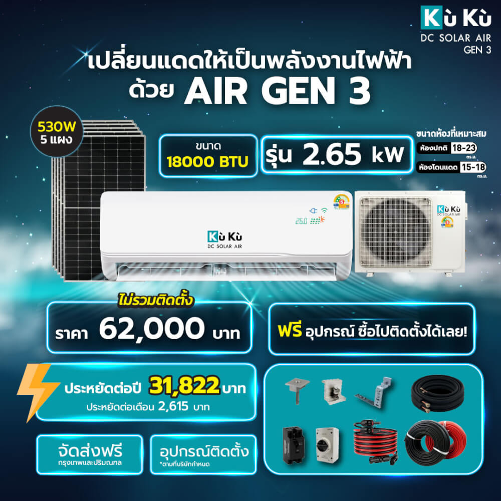แอร์ผนัง KUKUAIR GEN3 ขนาด 18000 BTU โซล่าเซลล์ AIRDCSOLAR GEN3 โซล่าแอร์ 2.65 KWH (ไม่รวมติดตั้ง)_1