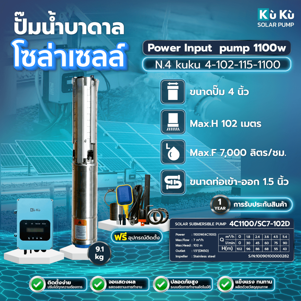 ปั๊มบาดาลโซล่าเซลล์ KUKU N.4 102-115-1100 4 นิ้ว (ไม่รวมแผงโซล่าเซลล์)_1