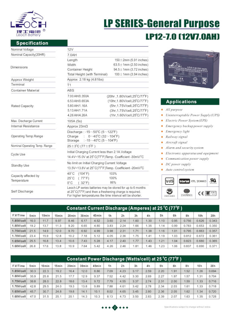 แบตเตอรี่แห้ง LEOCH LP12-7.0 (12V 7.0AH) สำหรับเครื่องสำรองไฟฟ้า UPS_5