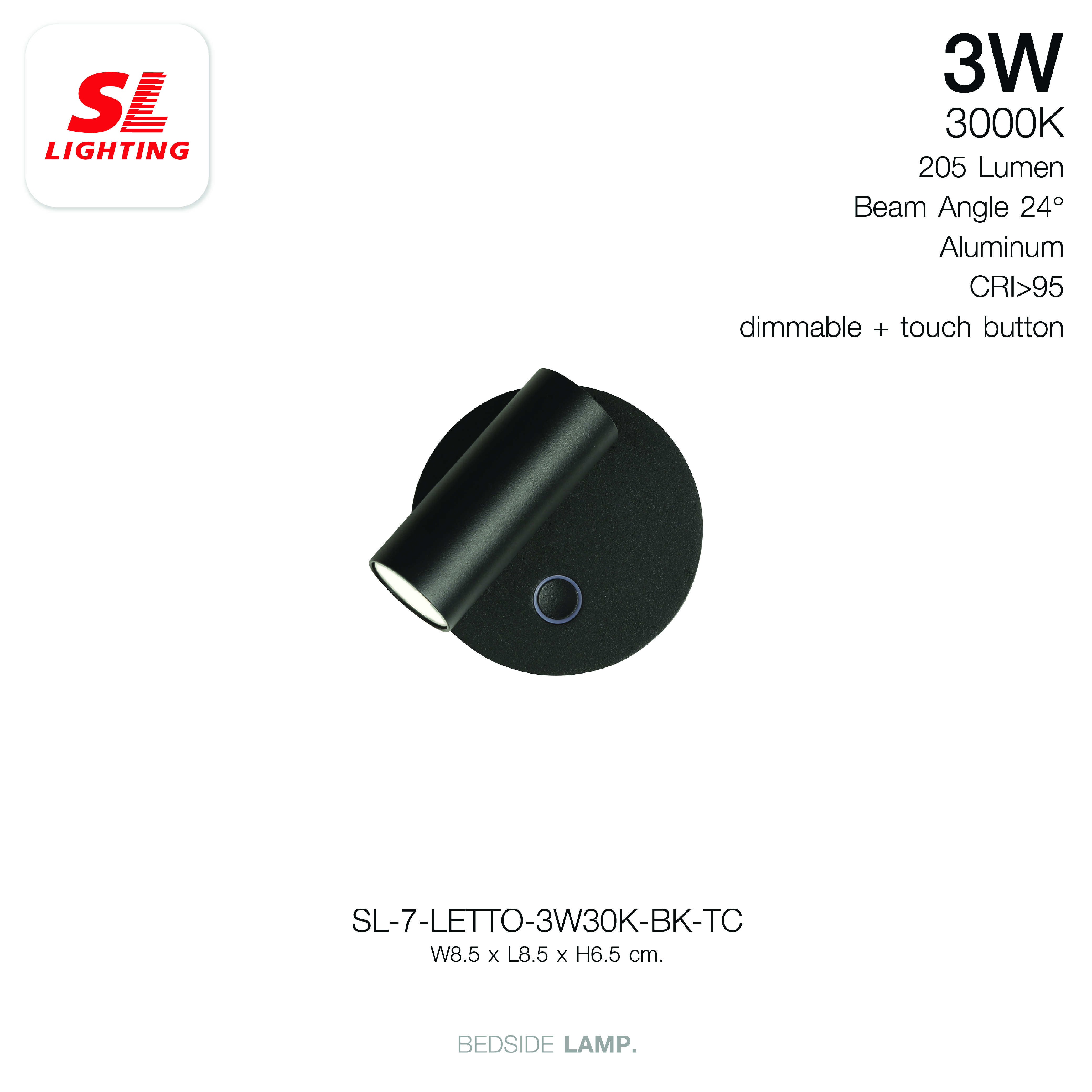 ไฟหัวเตียง LED SL LIGHTING LETTO 3 วัตต์ WARM WHITE Touch Control พอร์ตชาร์จ Type-C สีดำ