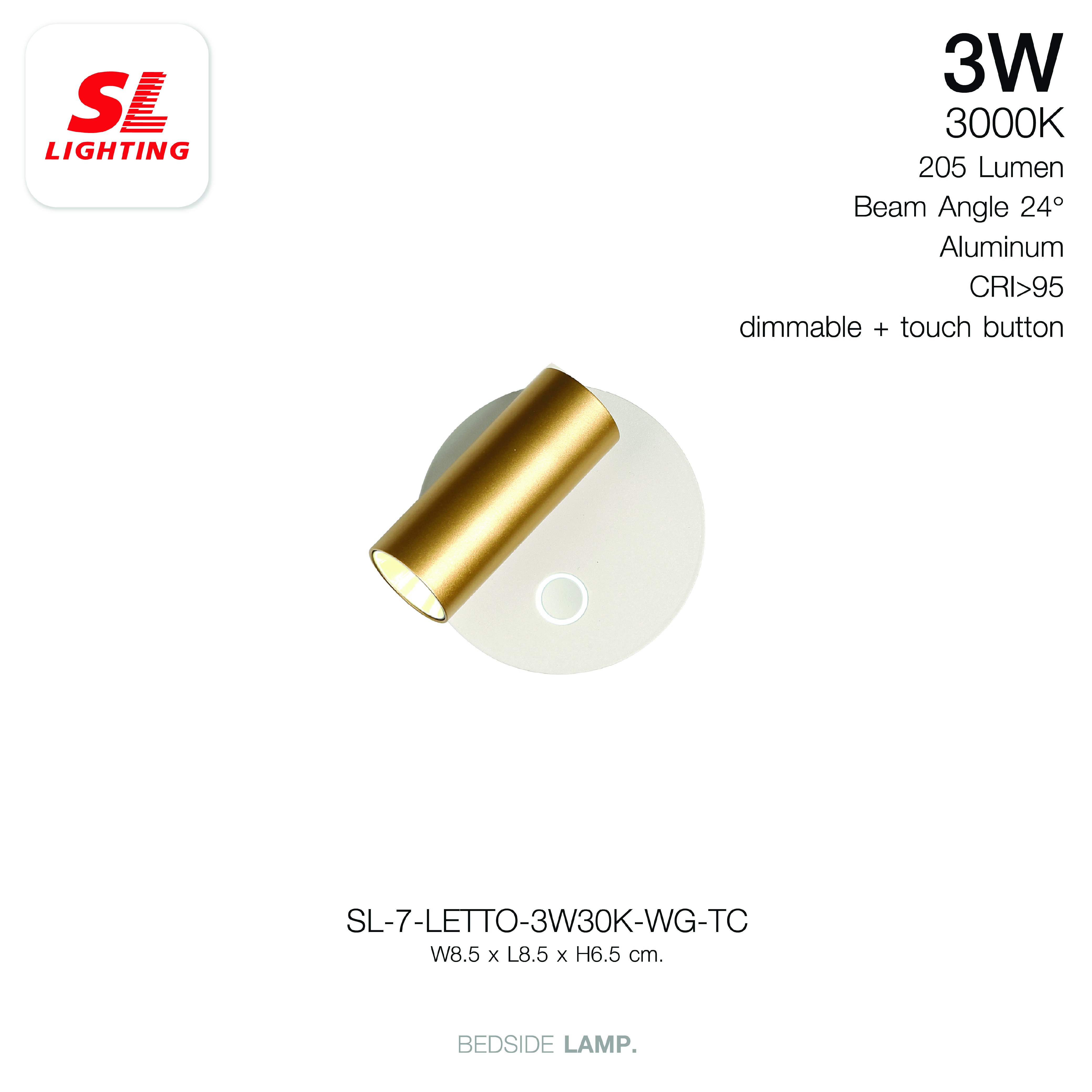 ไฟหัวเตียง LED SL LIGHTING LETTO 3 วัตต์ WARM WHITE Touch Control พอร์ตชาร์จ Type-C สีขาว/ทอง