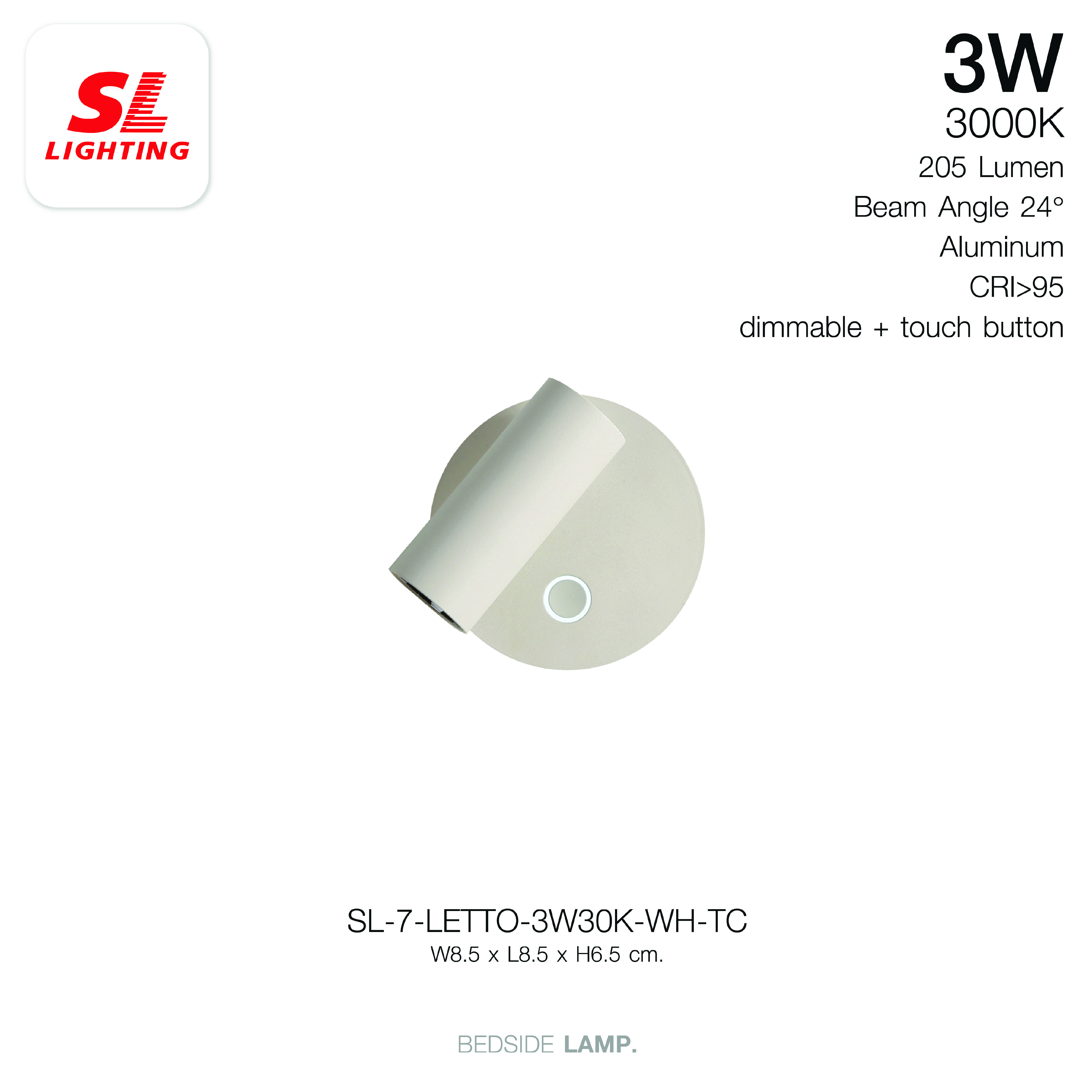 ไฟหัวเตียง LED SL LIGHTING LETTO 3 วัตต์ WARM WHITE Touch Control พอร์ตชาร์จ Type-C สีขาว