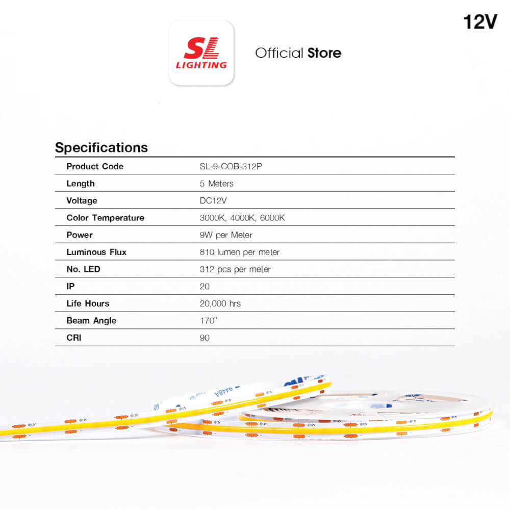 ไฟเส้น LED SL LIGHTING COB 12V 9 วัตต์ 5 เมตร DAY LIGHT