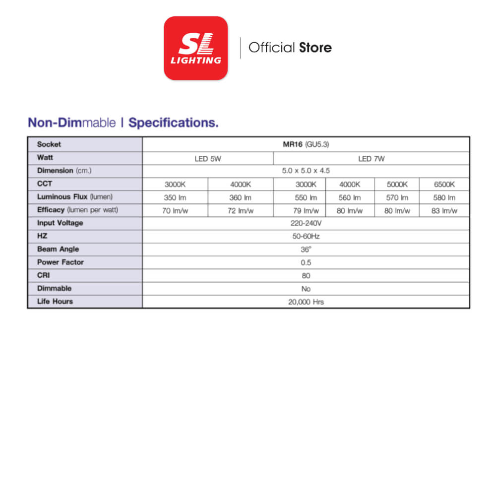 หลอด LED SL LIGHTING MR16 220V 5 วัตต์ COOL WHITE GU5.3