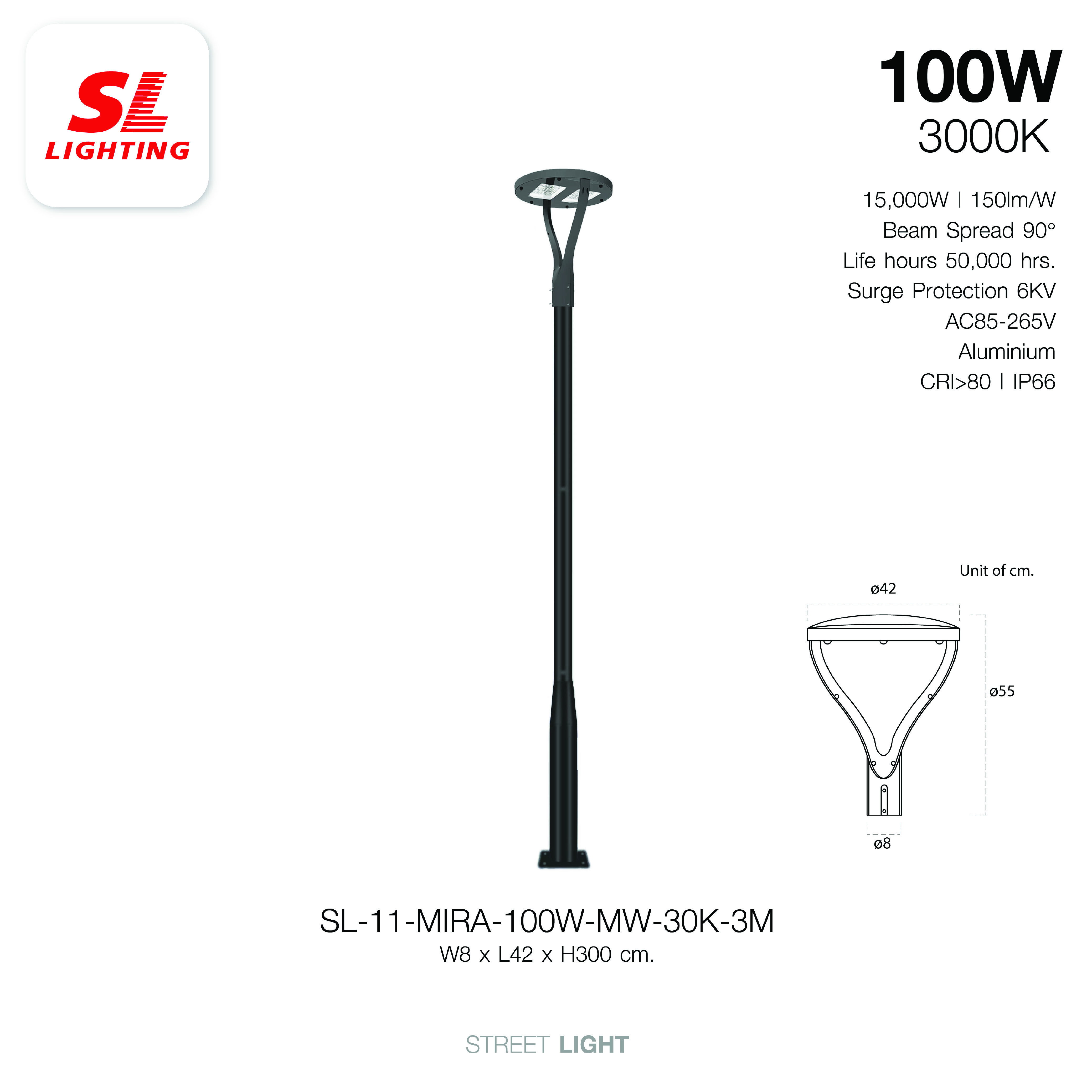 ไฟถนน LED SL LIGHTING MIRA 100 วัตต์ WARM WHITE สีดำ