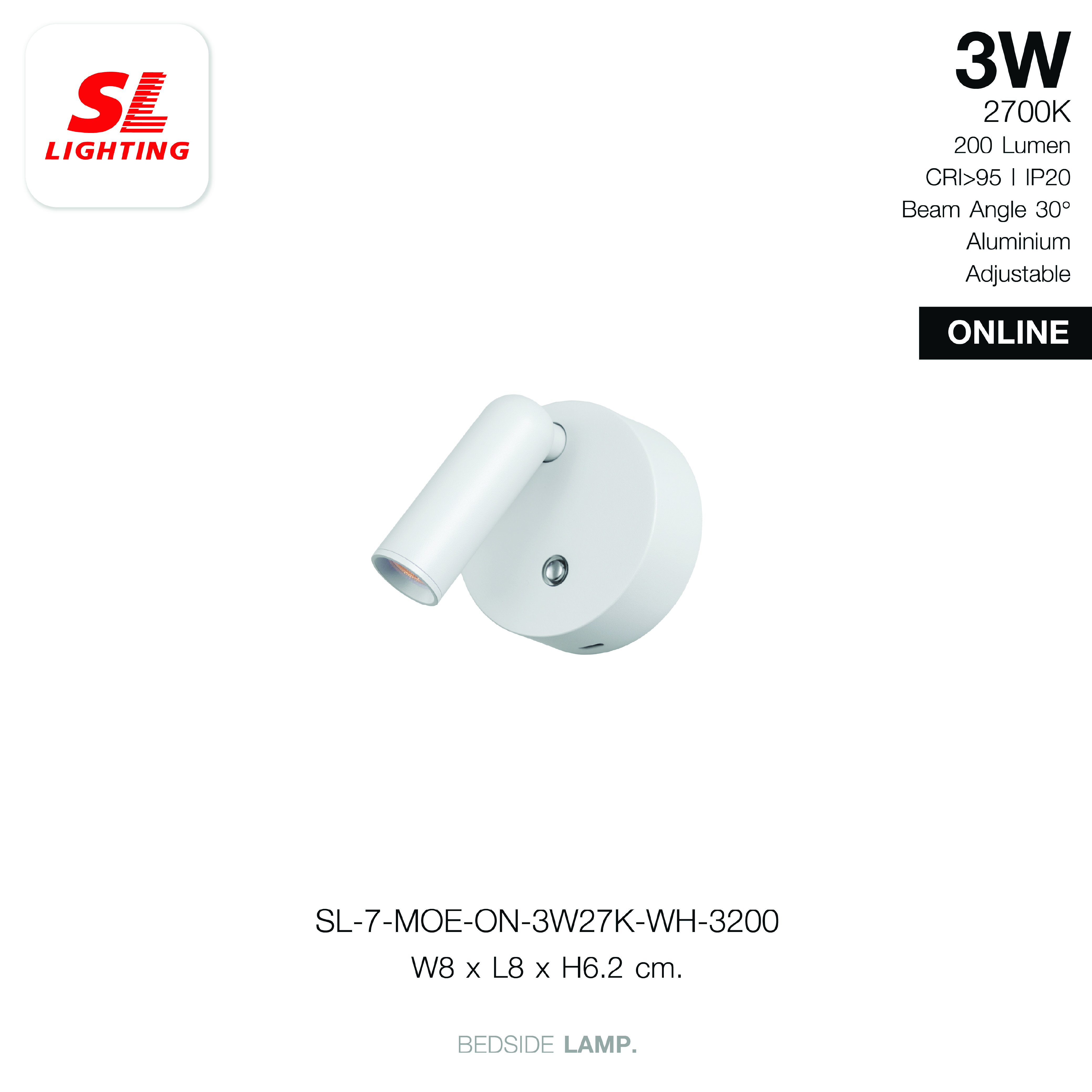 ไฟหัวเตียง LED SL LIGHTING MOE-ON 3 วัตต์ WARM WHITE Touch Control พอร์ตชาร์จ Type-C สีดำ