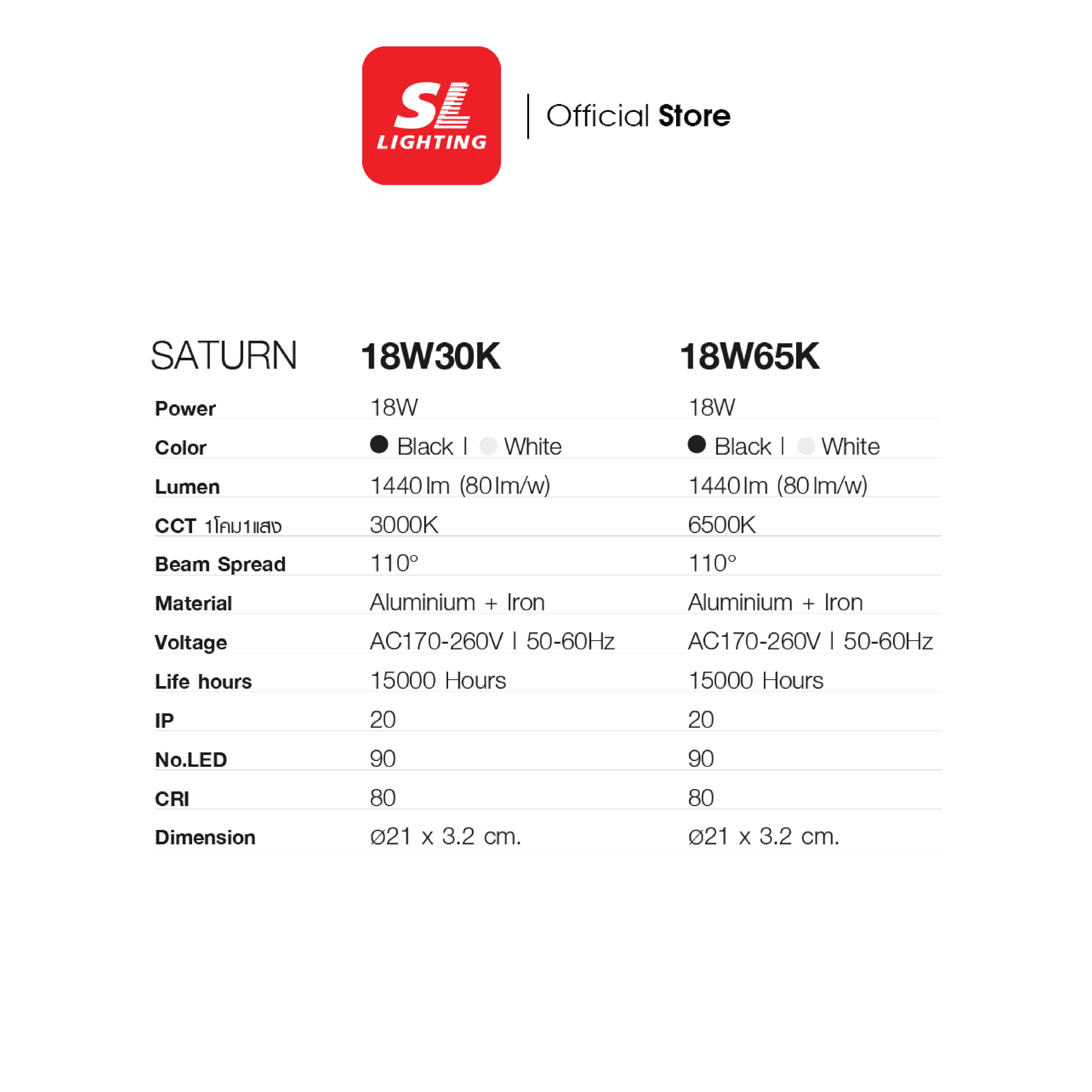 ดาวน์ไลท์ LED SL LIGHTING SATURN-SM กลม 18 วัตต์ WARM WHITE สีขาว