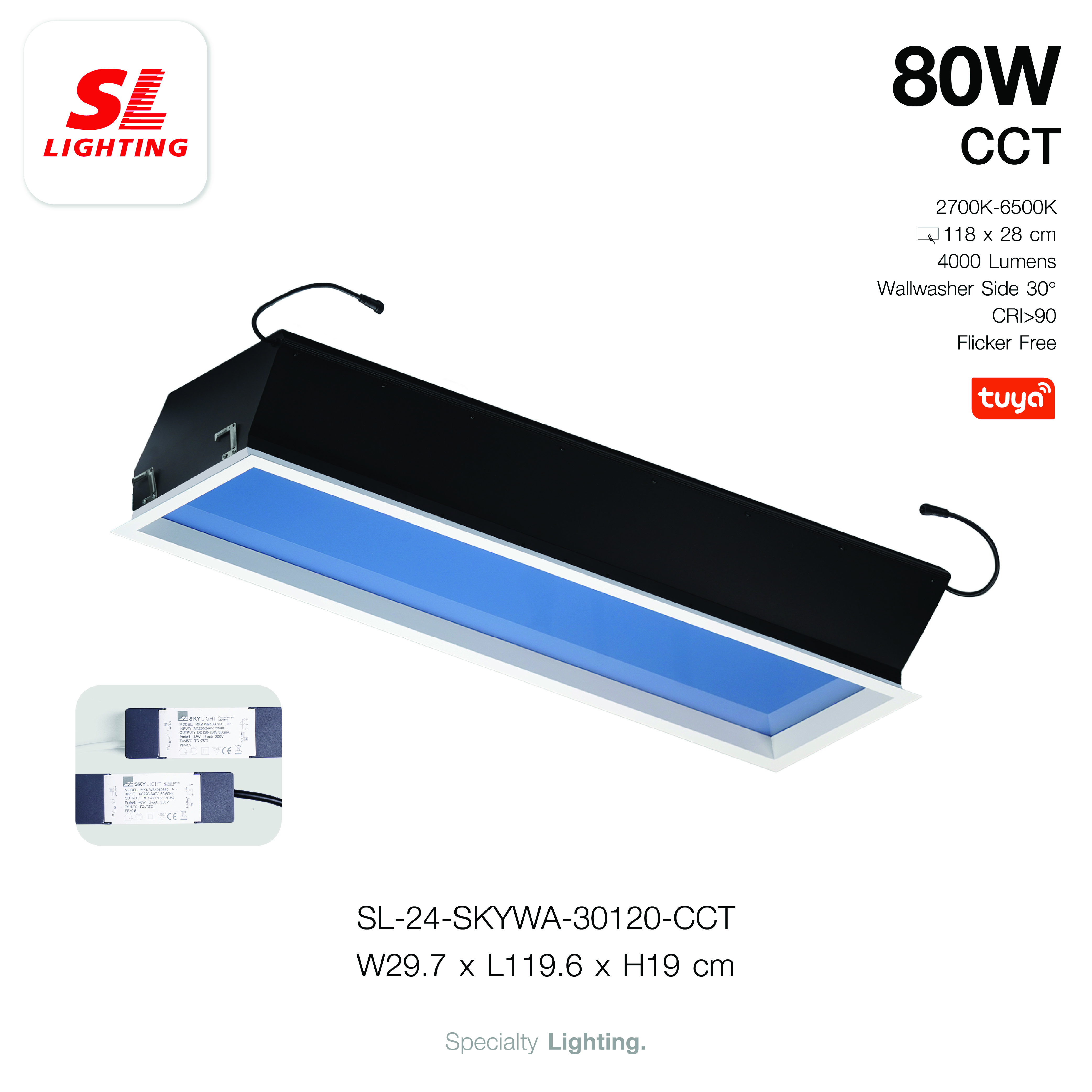 โคมไฟฝังเพดานเสมือนท้องฟ้าจริง SL LIGHTING SKYWA 30x120 ซม. 80W CCT สีขาว