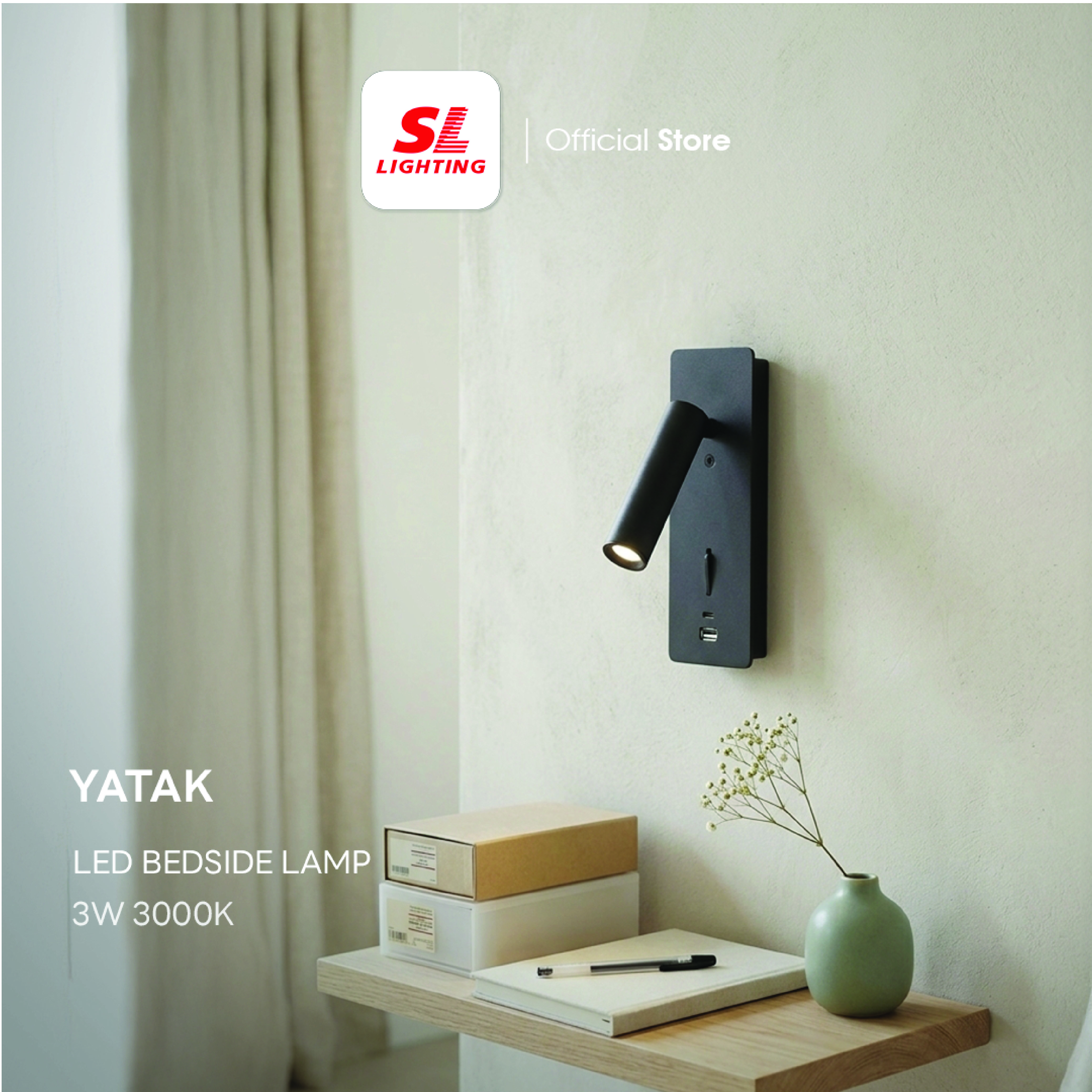 ไฟหัวเตียง LED SL LIGHTING YATAK 3 วัตต์ WARM WHITE พอร์ตชาร์จ USB & Type-C สีดำ_6