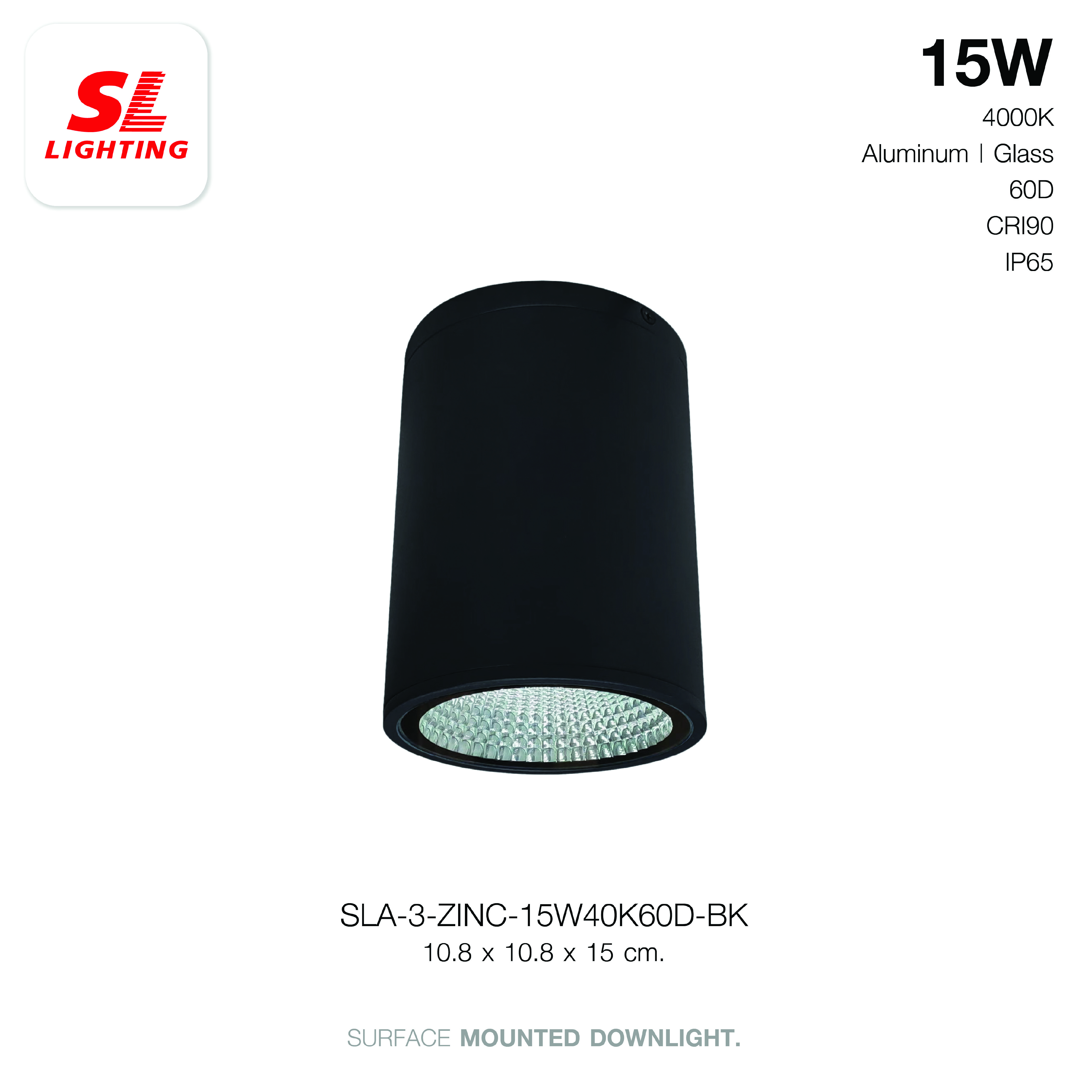 ดาวน์ไลท์ SL LIGHTING ZINC กลม 15 วัตต์ COOL WHITE สีดำ มุมกระจายแสง 60 องศา