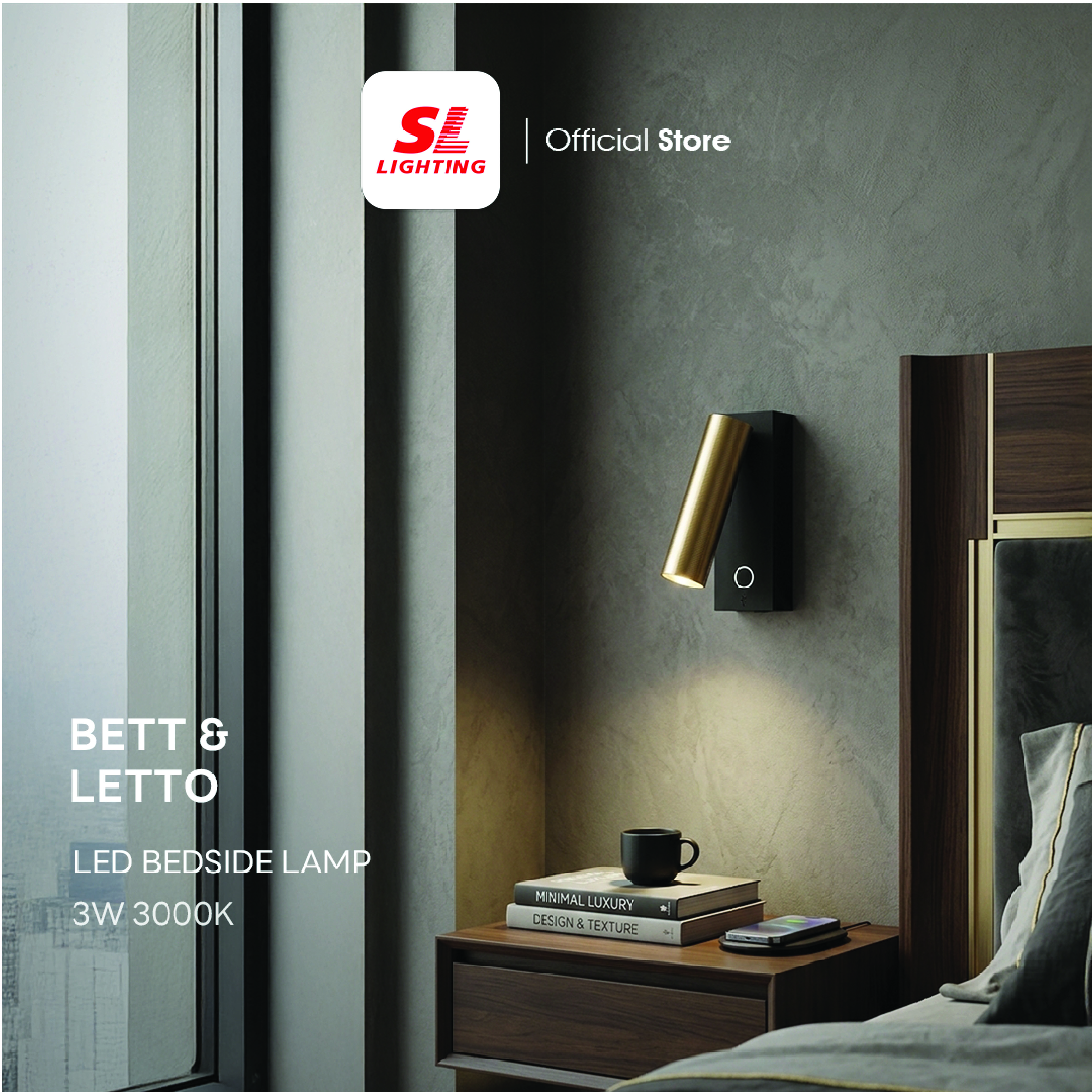 ไฟหัวเตียง LED SL LIGHTING BETT 3 วัตต์ WARM WHITE Touch Control พอร์ตชาร์จ Type-C สีดำ/ทอง