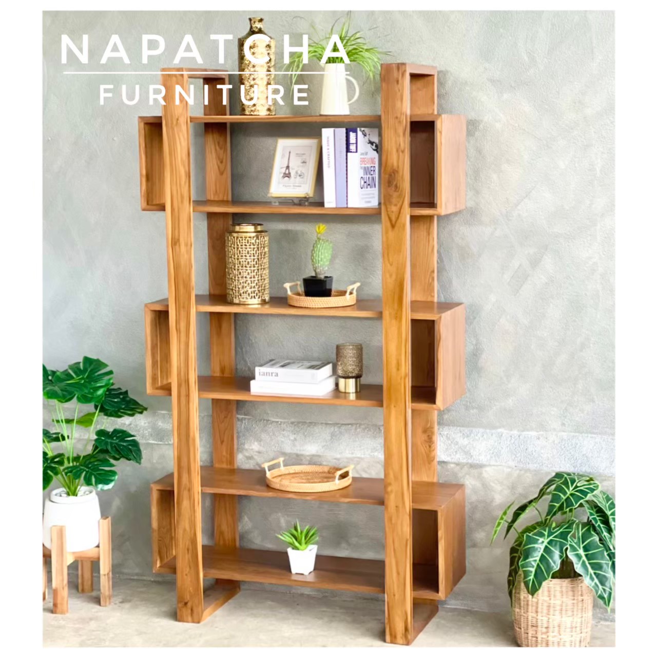 ตู้วางหนังสือ ไม้สักแท้ NAPATCHA FURNITURE รุ่นแคปซูล 3 ชั้น ขนาด 100X35X180ซม. สีไม้สักธรรมชาติ_1