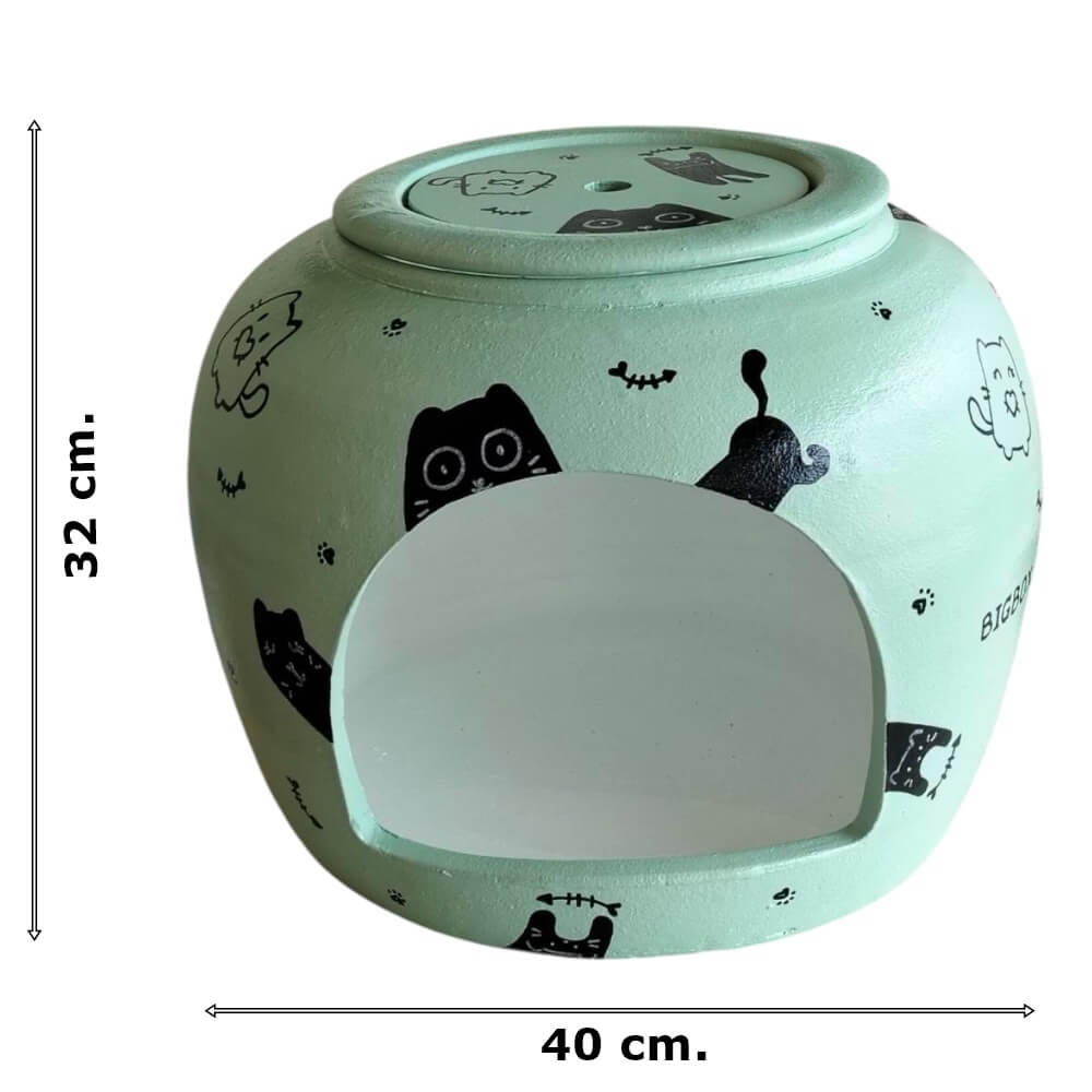 บ้านสัตว์เลี้ยง BIGBOXDESIGN รุ่น บ้านโอ่งดินเซรามิค ขนาด 15 นิ้ว สีเขียว-ลายแมว