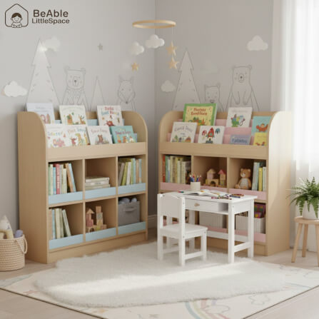 ชั้นวางหนังสือเด็ก พร้อมชั้นวางของ 6 ช่อง BEABLE LITTLESPACE 100 ซม.สีไม้ธรรมชาติ/ชมพู_2
