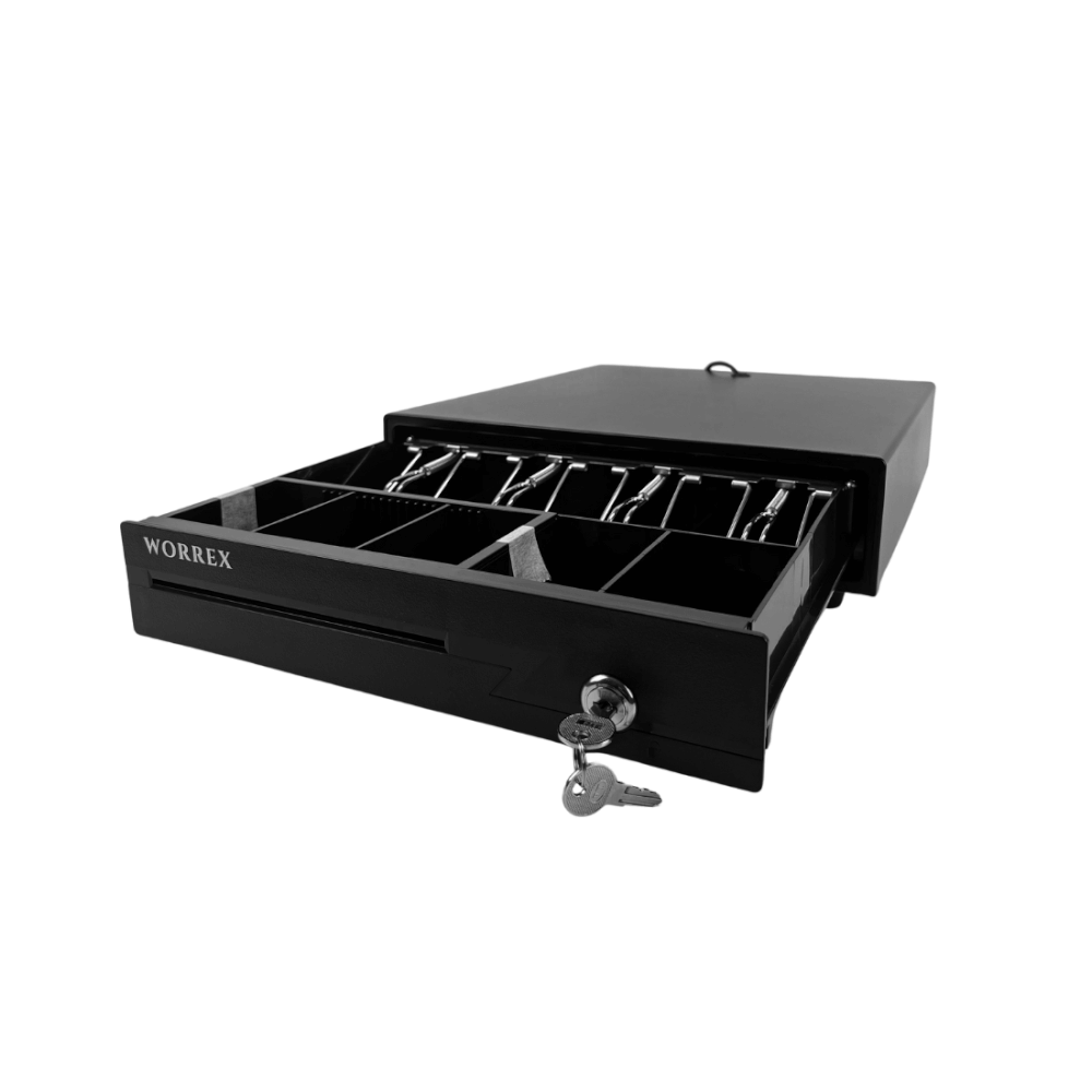 ลิ้นชักเก็บเงิน WORREX รุ่น W-GTC330 สีดำ 4 ช่องแบงค์ 5 ช่องเหรียญ RJ11 12/24V_1