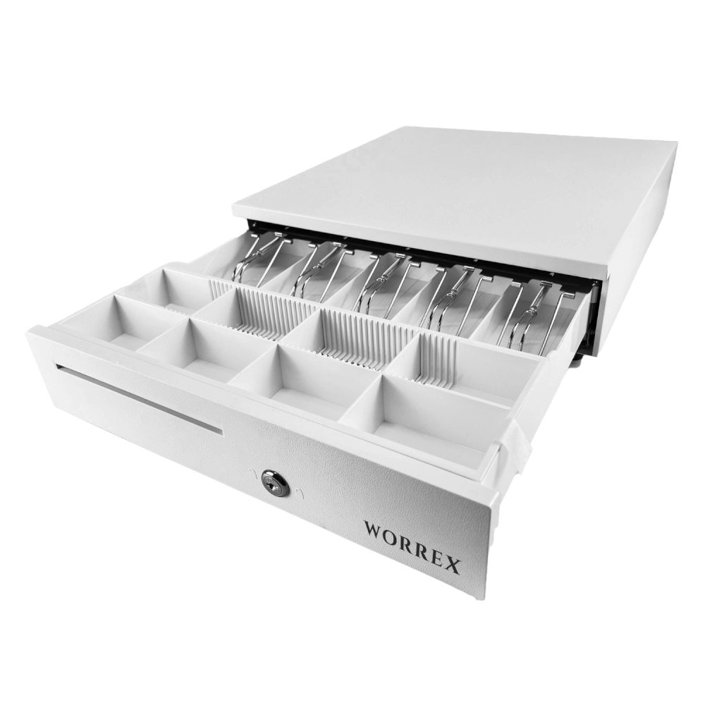 ลิ้นชักเก็บเงิน WORREX รุ่น W-405F สีขาว 5 ช่องแบงค์ 8 ช่องเหรียญ RJ11 12/24V