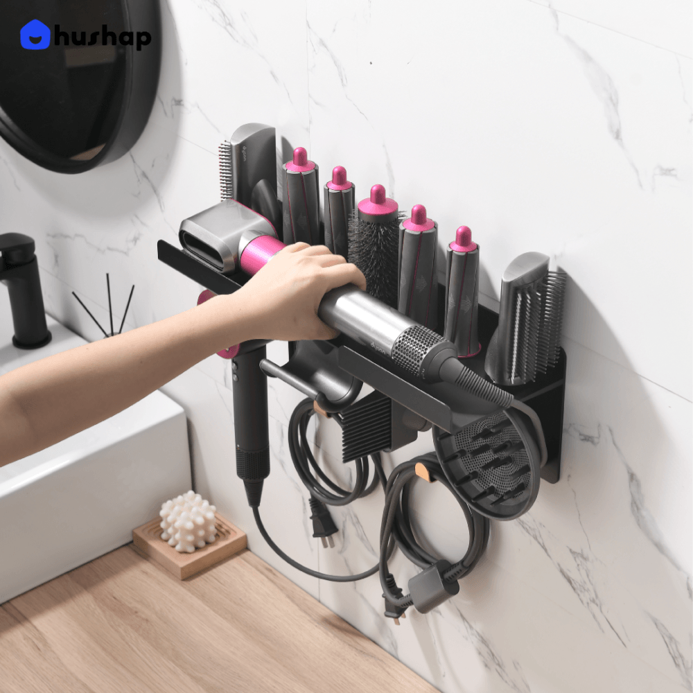 ที่วางไดร์เป่าผม แบบติดผนัง HUSHAP รุ่น BW-02GM 2IN1 สีดำ สำหรับ DYSON AIRWRAP และ SUPERSONIC