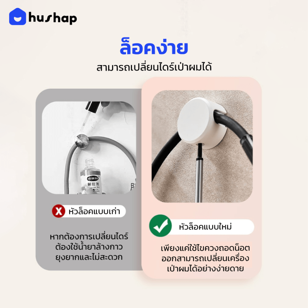 ที่วางไดร์เป่าผม แบบติดผนัง HUSHAP รุ่น BB-02 พร้อมหัวล็อคกันขโมย สีดำ สำหรับไดร์เป่าผมสากล_7
