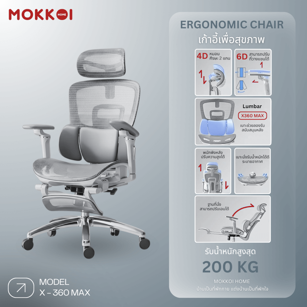 เก้าอี้ทำงานเพื่อสุขภาพ MOKKOI HOME รุ่น X-360 MAX สีเทา ปรับที่วางแขนได้