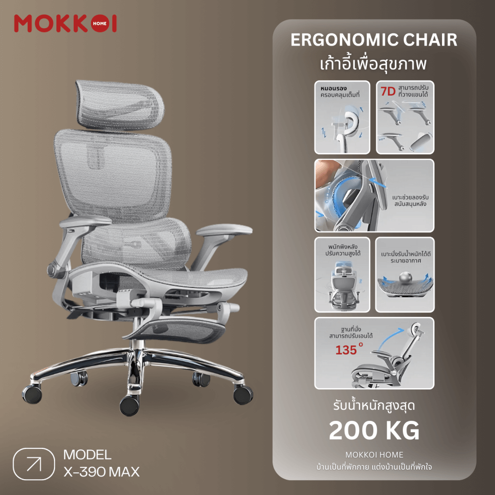 เก้าอี้ทำงานเพื่อสุขภาพ MOKKOI HOME รุ่น X-390 สีเทา ปรับที่วางแขนได้